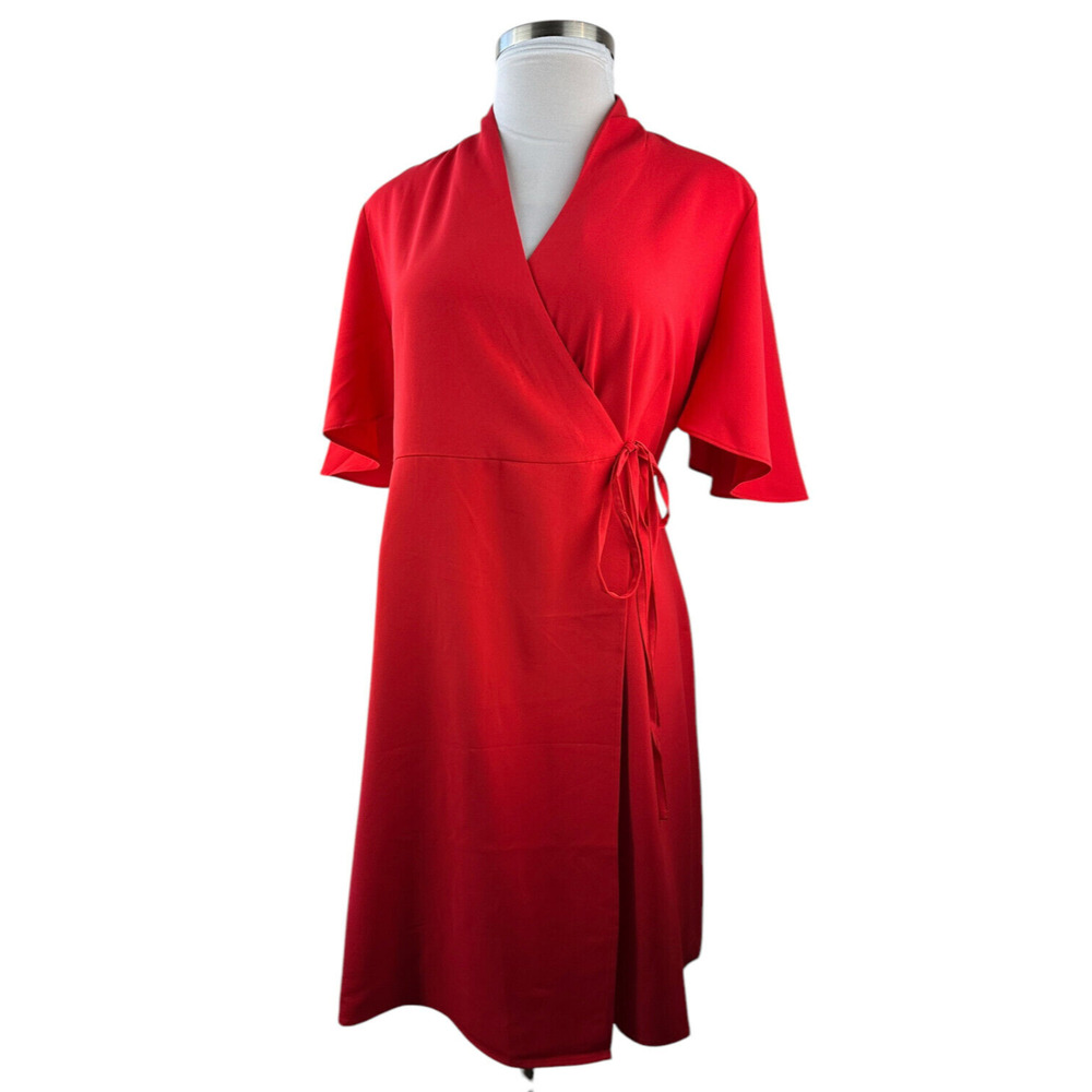Ming Wang Butterfly Sleeve Crepe de Chine Wrap Dress Poppy Red Women's Size XL - Picture 2 of 16